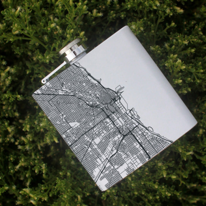 Chicago Illinois Custom Engraved City Map Inscription Coordinates on 6oz Stainless Steel Flask in White