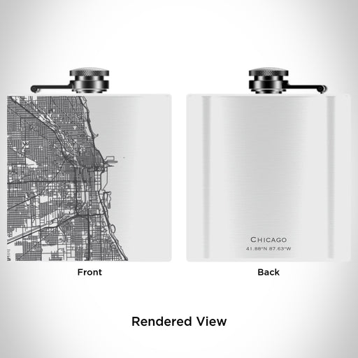 Rendered View of Chicago Illinois Map Engraving on 6oz Stainless Steel Flask in White