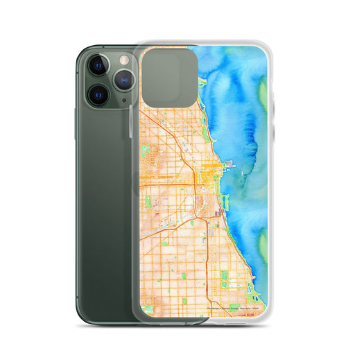 Custom Chicago Illinois Map Phone Case in Watercolor on Table with Laptop and Plant