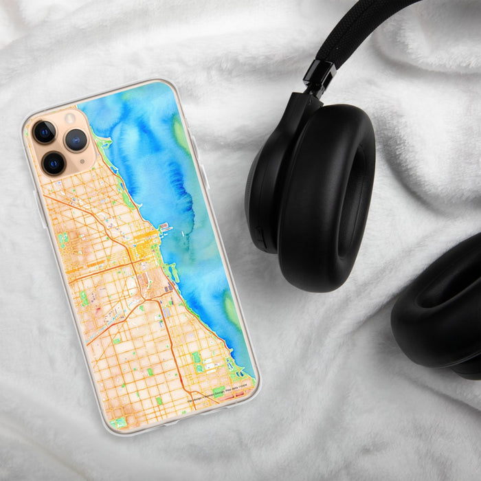 Custom Chicago Illinois Map Phone Case in Watercolor on Table with Black Headphones