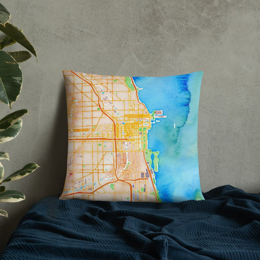 Custom Chicago Illinois Map Throw Pillow in Watercolor on Bedding Against Wall