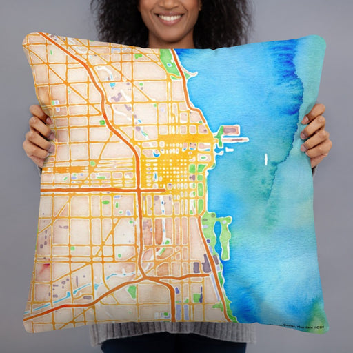 Person holding 22x22 Custom Chicago Illinois Map Throw Pillow in Watercolor
