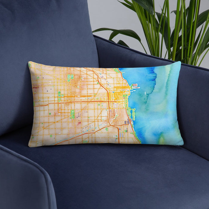 Custom Chicago Illinois Map Throw Pillow in Watercolor on Blue Colored Chair