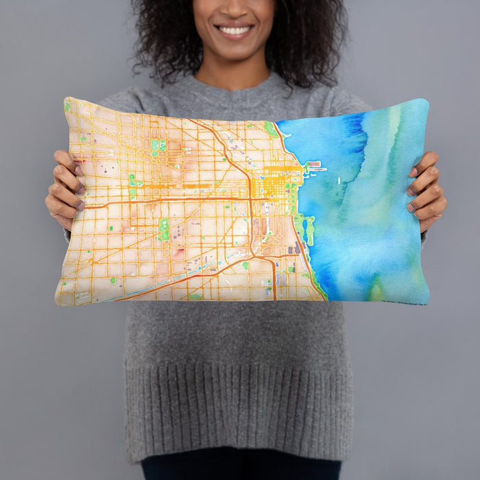 Person holding 20x12 Custom Chicago Illinois Map Throw Pillow in Watercolor