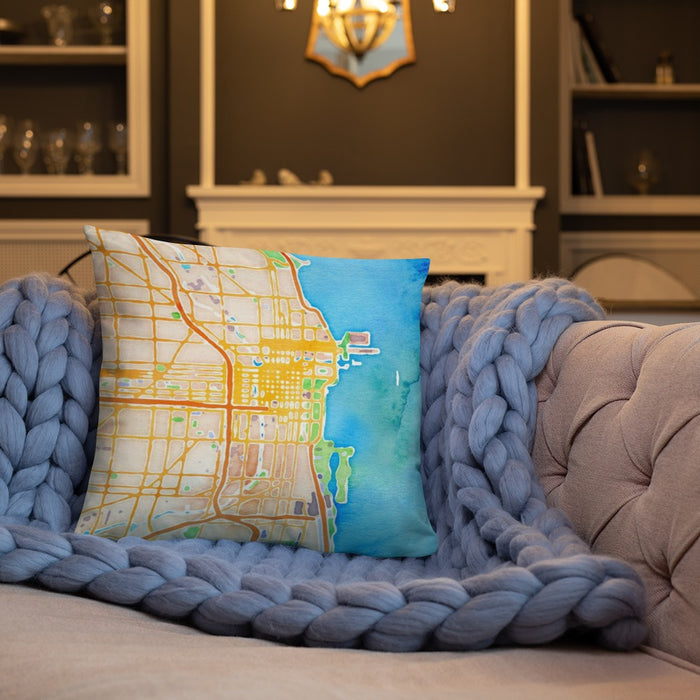 Custom Chicago Illinois Map Throw Pillow in Watercolor on Cream Colored Couch