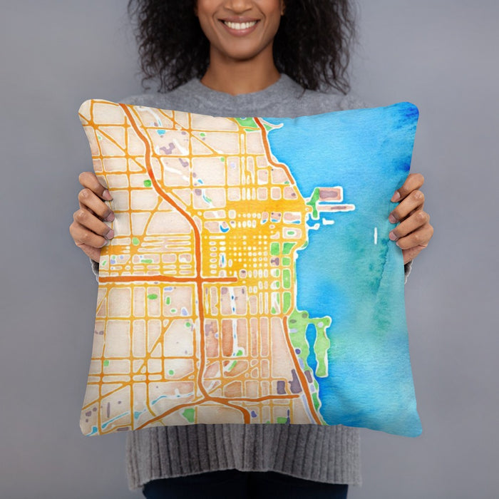 Person holding 18x18 Custom Chicago Illinois Map Throw Pillow in Watercolor