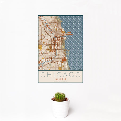 12x18 Chicago Illinois Map Print Portrait Orientation in Woodblock Style With Small Cactus Plant in White Planter