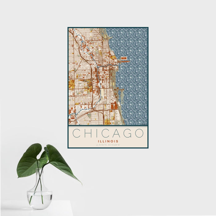 16x24 Chicago Illinois Map Print Portrait Orientation in Woodblock Style With Tropical Plant Leaves in Water