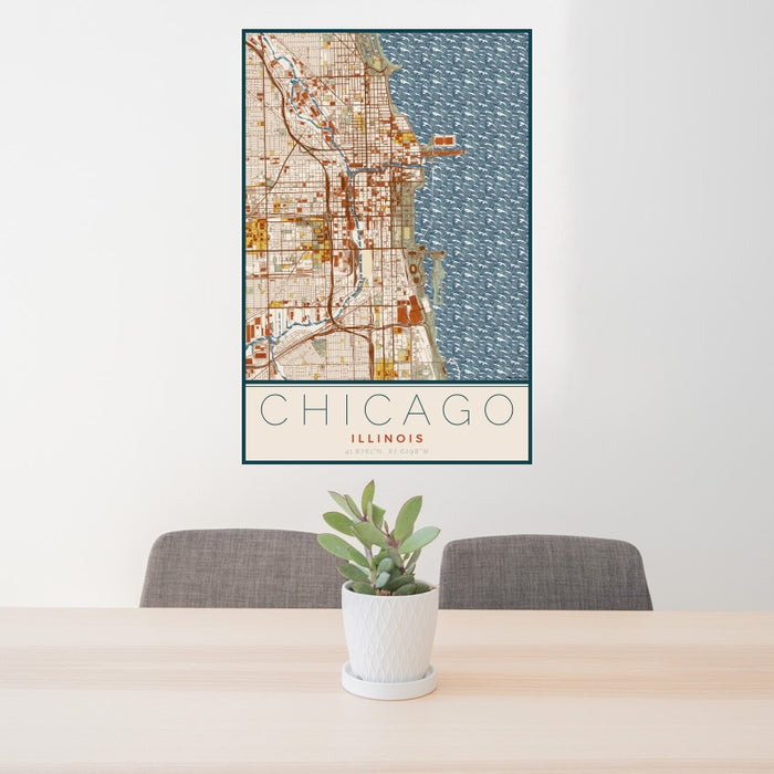 24x36 Chicago Illinois Map Print Portrait Orientation in Woodblock Style Behind 2 Chairs Table and Potted Plant