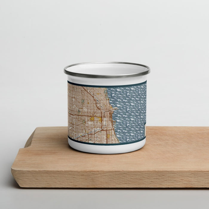 Front View Custom Chicago Illinois Map Enamel Mug in Woodblock on Cutting Board