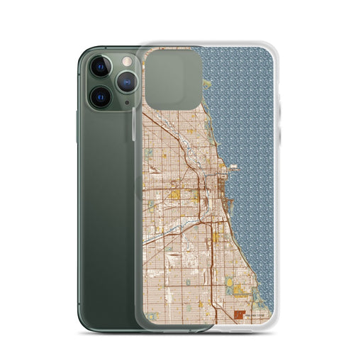 Custom Chicago Illinois Map Phone Case in Woodblock on Table with Laptop and Plant