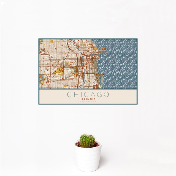12x18 Chicago Illinois Map Print Landscape Orientation in Woodblock Style With Small Cactus Plant in White Planter