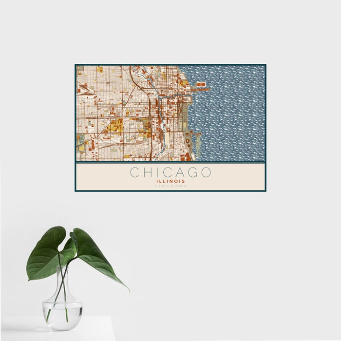 16x24 Chicago Illinois Map Print Landscape Orientation in Woodblock Style With Tropical Plant Leaves in Water
