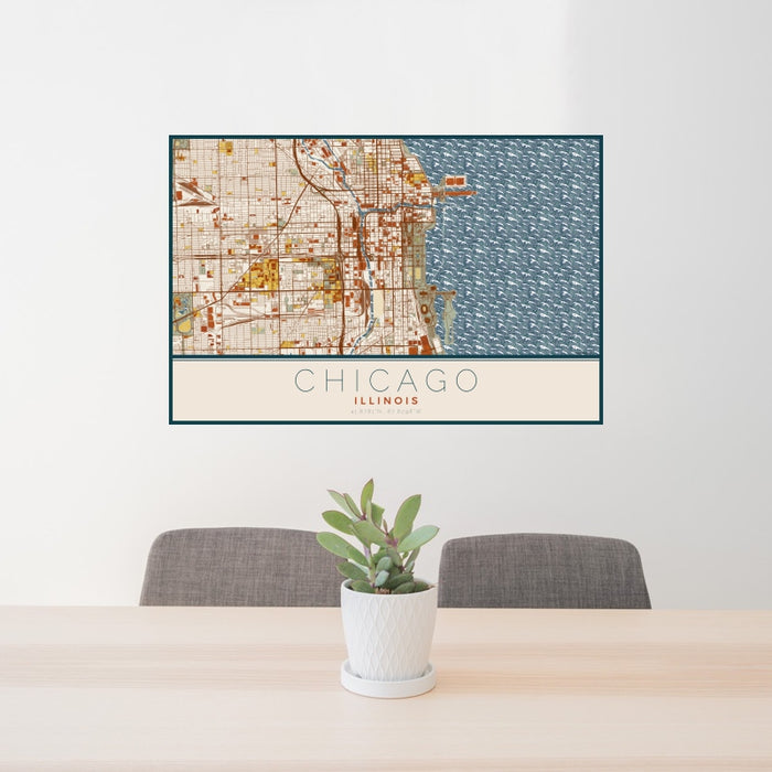 24x36 Chicago Illinois Map Print Landscape Orientation in Woodblock Style Behind 2 Chairs Table and Potted Plant
