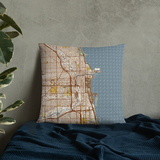 Custom Chicago Illinois Map Throw Pillow in Woodblock on Bedding Against Wall