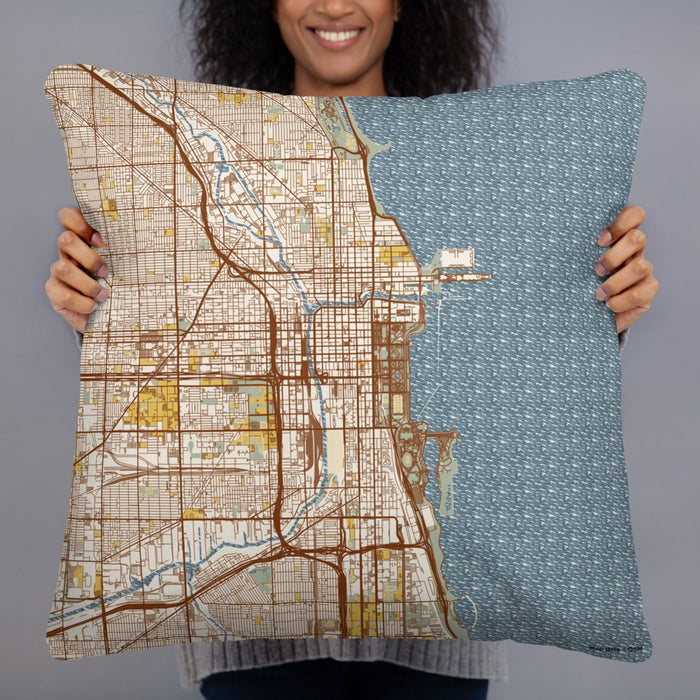 Person holding 22x22 Custom Chicago Illinois Map Throw Pillow in Woodblock