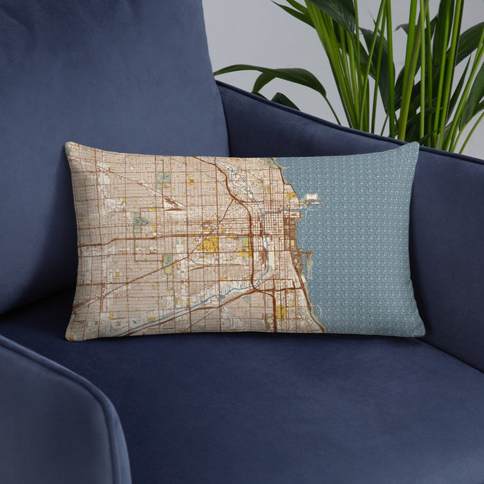 Custom Chicago Illinois Map Throw Pillow in Woodblock on Blue Colored Chair