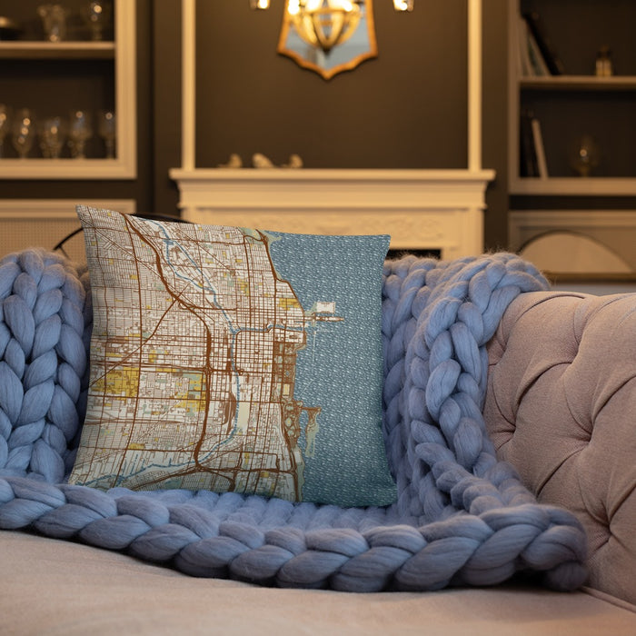 Custom Chicago Illinois Map Throw Pillow in Woodblock on Cream Colored Couch
