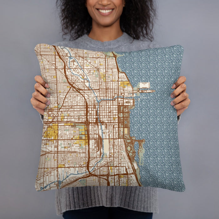 Person holding 18x18 Custom Chicago Illinois Map Throw Pillow in Woodblock