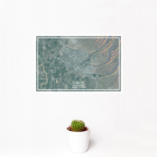 12x18 Chico California Map Print Landscape Orientation in Afternoon Style With Small Cactus Plant in White Planter