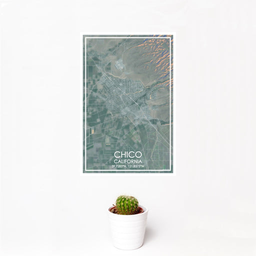 12x18 Chico California Map Print Portrait Orientation in Afternoon Style With Small Cactus Plant in White Planter