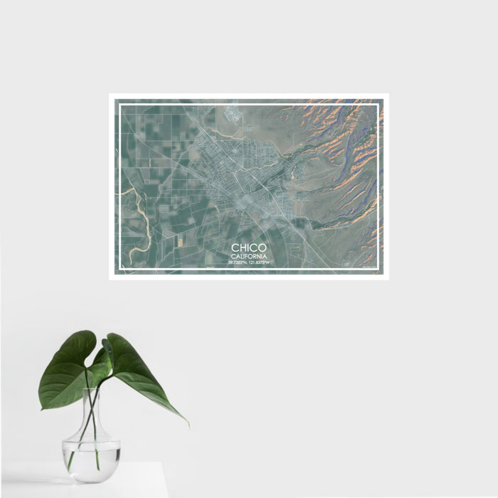 16x24 Chico California Map Print Landscape Orientation in Afternoon Style With Tropical Plant Leaves in Water