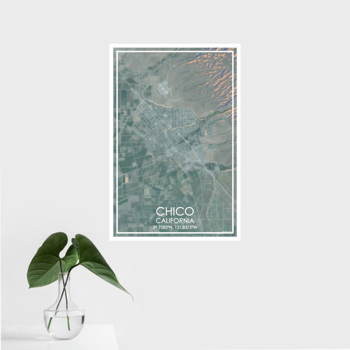 16x24 Chico California Map Print Portrait Orientation in Afternoon Style With Tropical Plant Leaves in Water