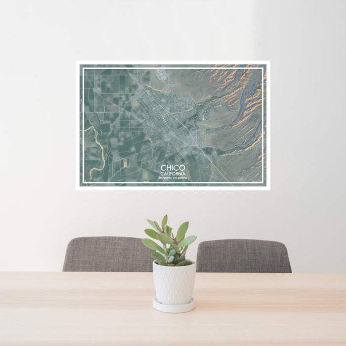 24x36 Chico California Map Print Lanscape Orientation in Afternoon Style Behind 2 Chairs Table and Potted Plant