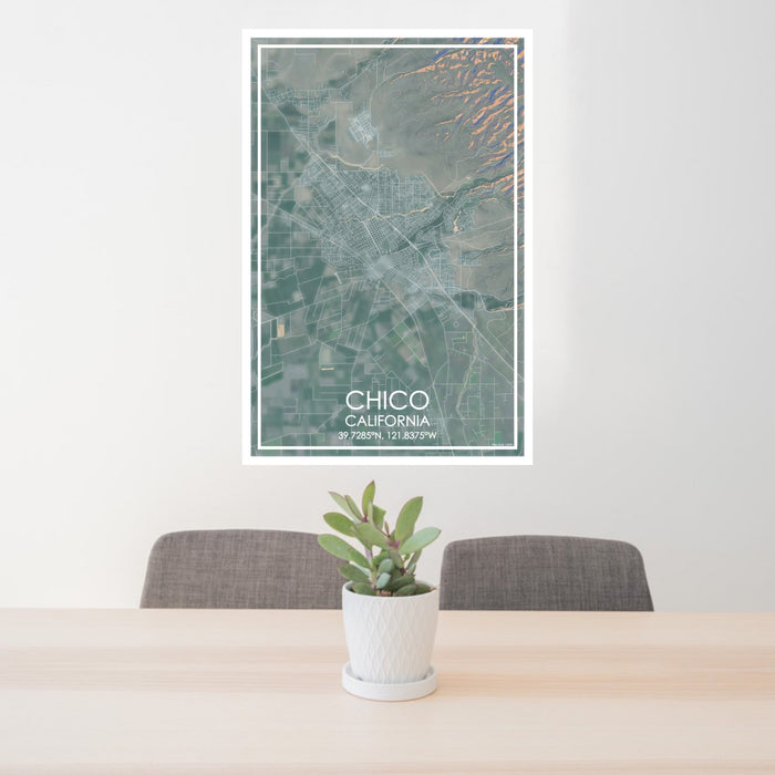 24x36 Chico California Map Print Portrait Orientation in Afternoon Style Behind 2 Chairs Table and Potted Plant