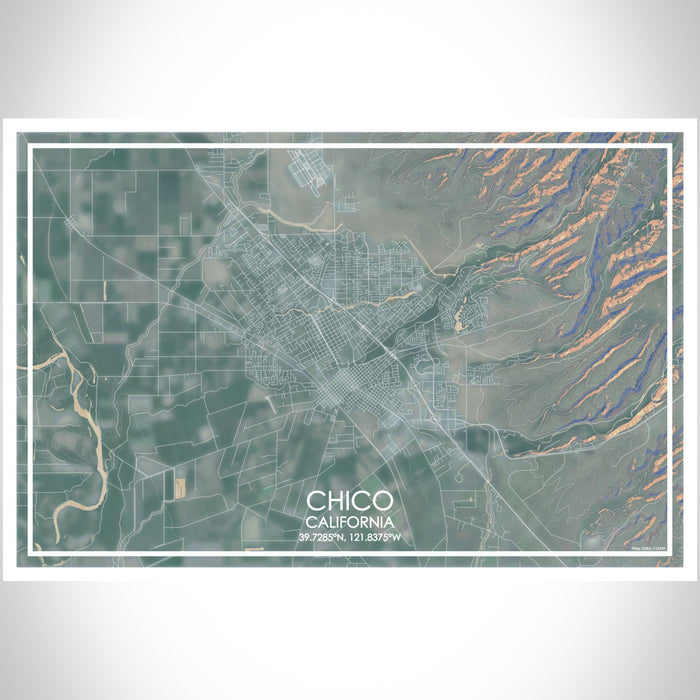 Chico California Map Print Landscape Orientation in Afternoon Style With Shaded Background