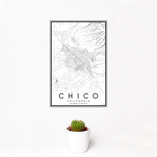 12x18 Chico California Map Print Portrait Orientation in Classic Style With Small Cactus Plant in White Planter