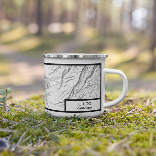 Right View Custom Chico California Map Enamel Mug in Classic on Grass With Trees in Background