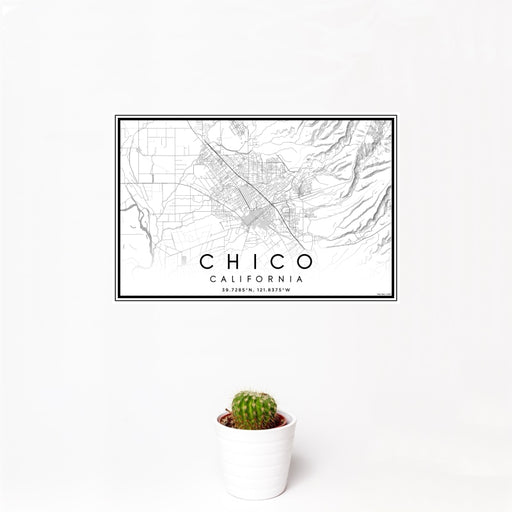 12x18 Chico California Map Print Landscape Orientation in Classic Style With Small Cactus Plant in White Planter
