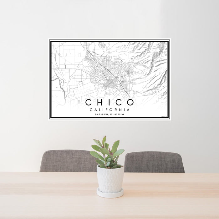 24x36 Chico California Map Print Landscape Orientation in Classic Style Behind 2 Chairs Table and Potted Plant