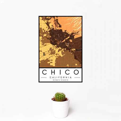12x18 Chico California Map Print Portrait Orientation in Ember Style With Small Cactus Plant in White Planter