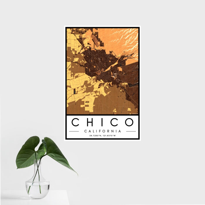 16x24 Chico California Map Print Portrait Orientation in Ember Style With Tropical Plant Leaves in Water