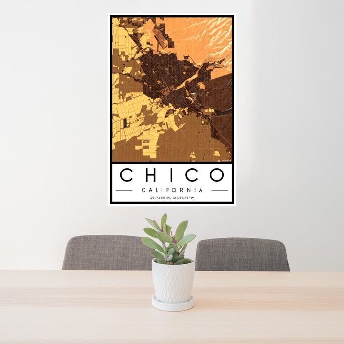 24x36 Chico California Map Print Portrait Orientation in Ember Style Behind 2 Chairs Table and Potted Plant