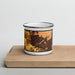 Front View Custom Chico California Map Enamel Mug in Ember on Cutting Board