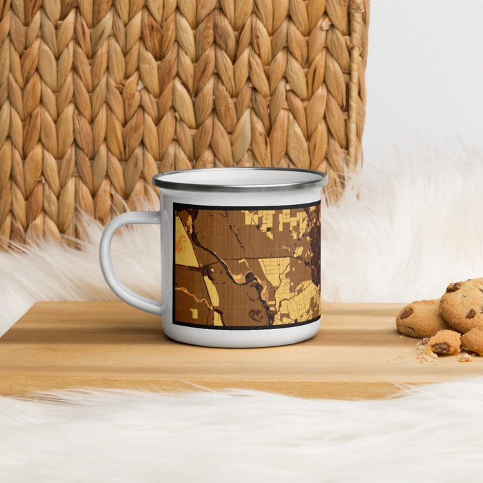 Left View Custom Chico California Map Enamel Mug in Ember on Table Top