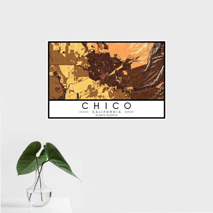16x24 Chico California Map Print Landscape Orientation in Ember Style With Tropical Plant Leaves in Water