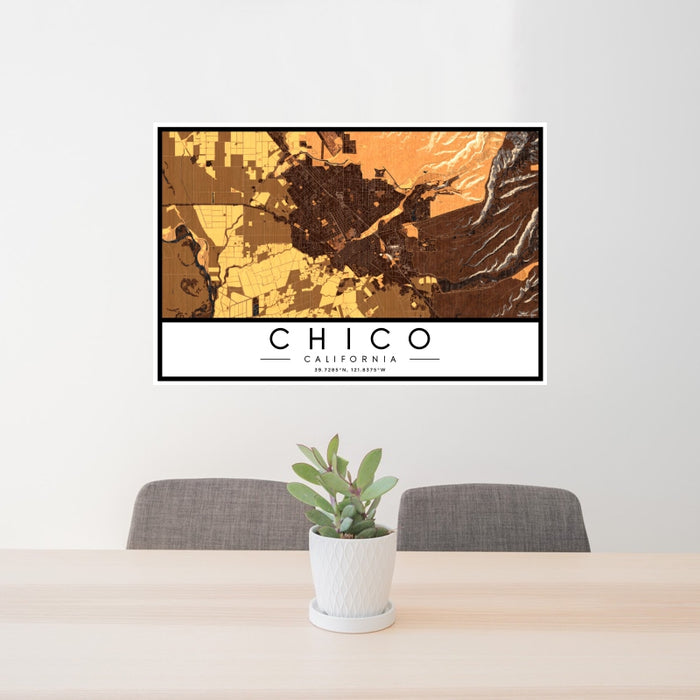 24x36 Chico California Map Print Landscape Orientation in Ember Style Behind 2 Chairs Table and Potted Plant