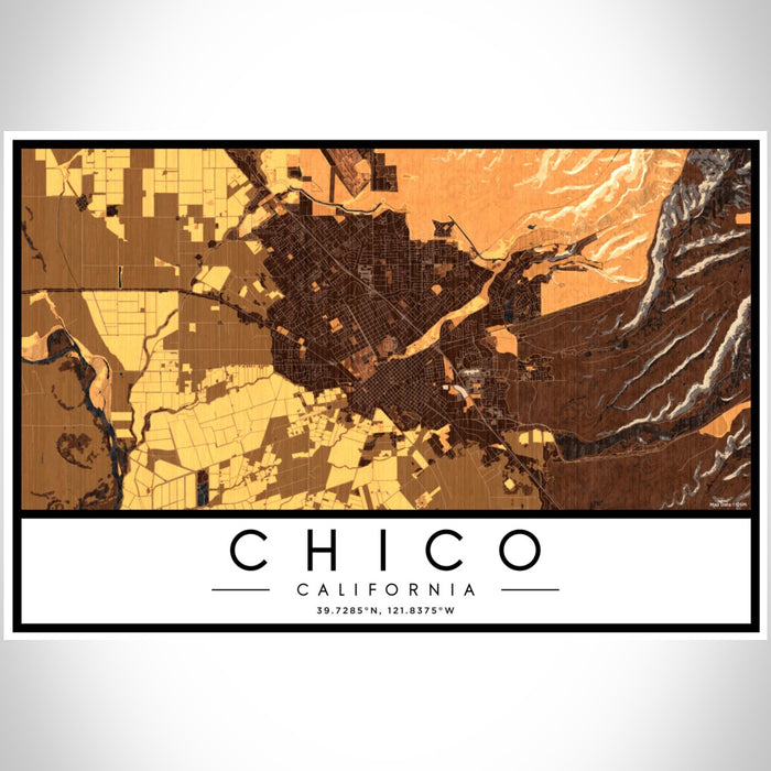Chico California Map Print Landscape Orientation in Ember Style With Shaded Background