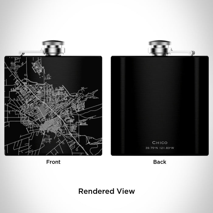 Rendered View of Chico California Map Engraving on 6oz Stainless Steel Flask in Black