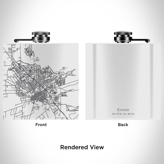 Rendered View of Chico California Map Engraving on 6oz Stainless Steel Flask in White