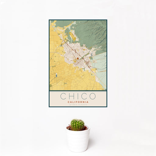 12x18 Chico California Map Print Portrait Orientation in Woodblock Style With Small Cactus Plant in White Planter