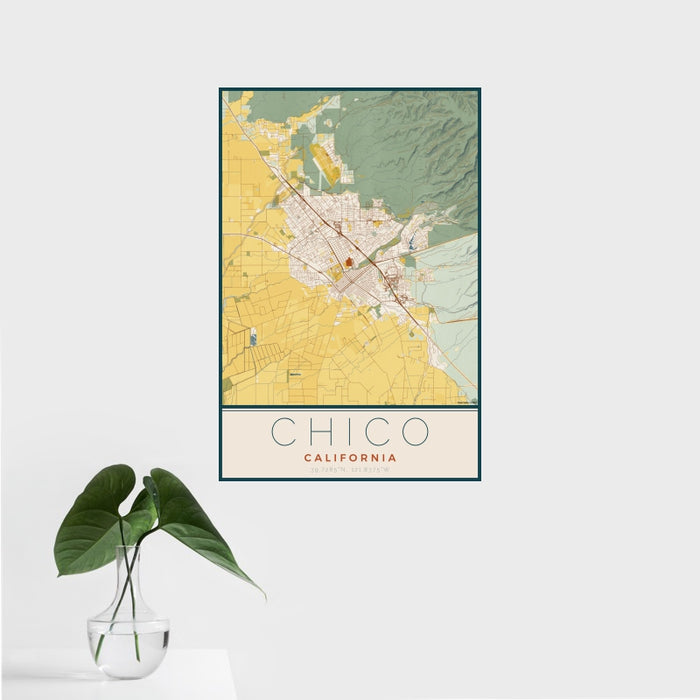 16x24 Chico California Map Print Portrait Orientation in Woodblock Style With Tropical Plant Leaves in Water