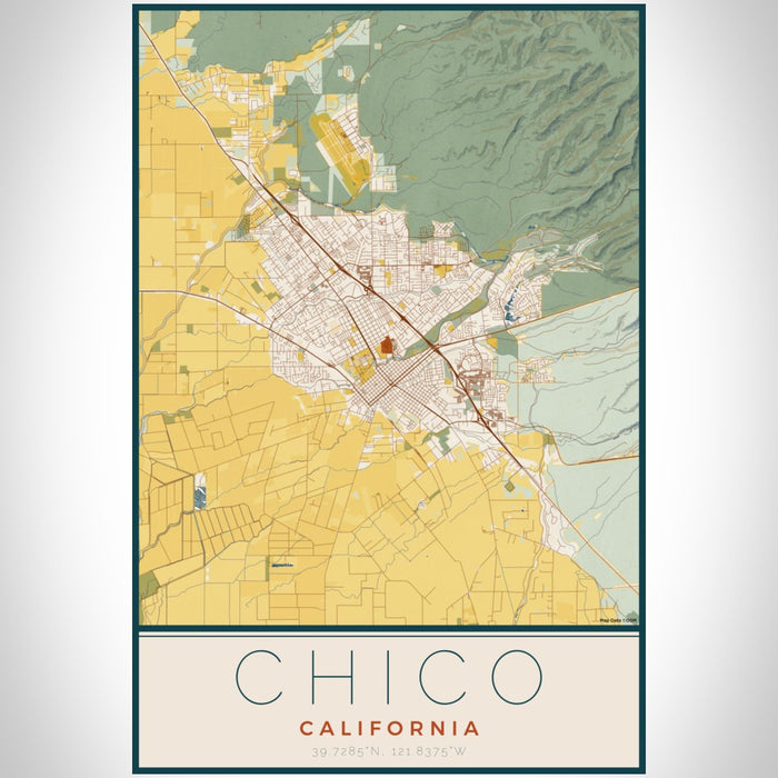 Chico California Map Print Portrait Orientation in Woodblock Style With Shaded Background