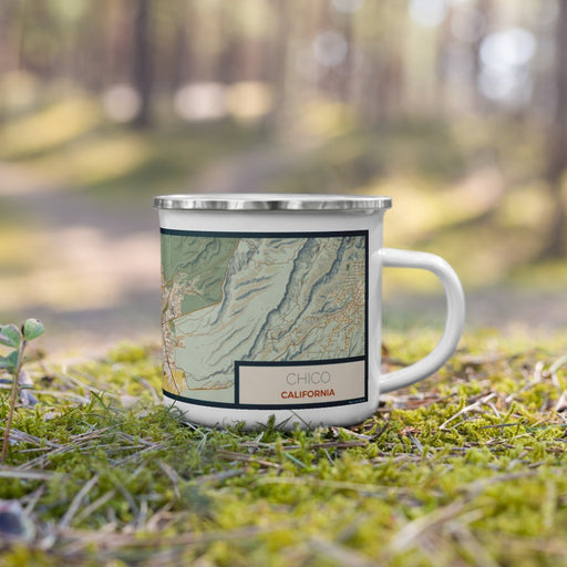 Right View Custom Chico California Map Enamel Mug in Woodblock on Grass With Trees in Background