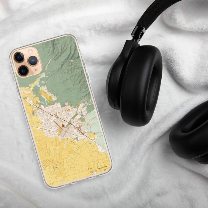 Custom Chico California Map Phone Case in Woodblock on Table with Black Headphones