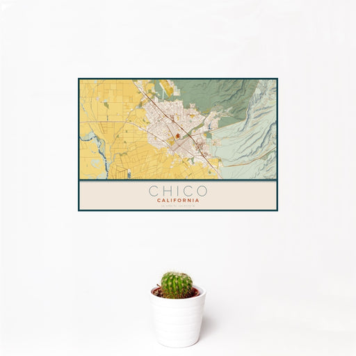 12x18 Chico California Map Print Landscape Orientation in Woodblock Style With Small Cactus Plant in White Planter